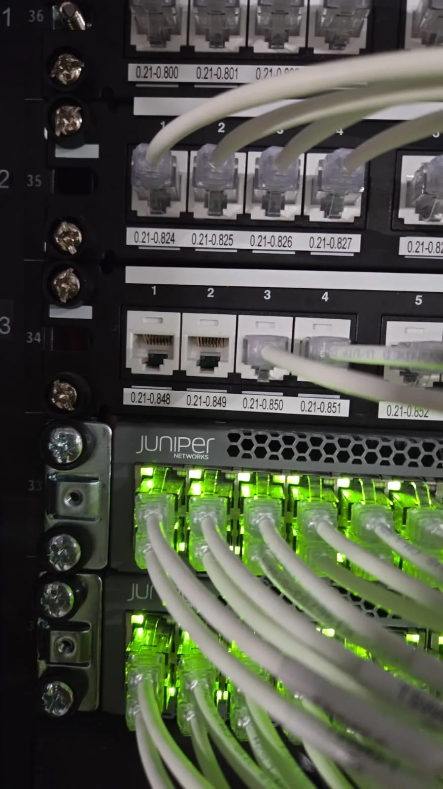 Labelled patch panels and active network switch in a comms rack